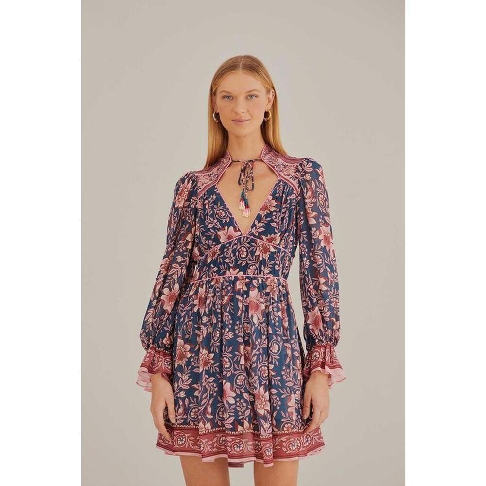 Farm Rio Teal Ainika Charm Long Sleeve Beaded Tassels Mini Dress Size L